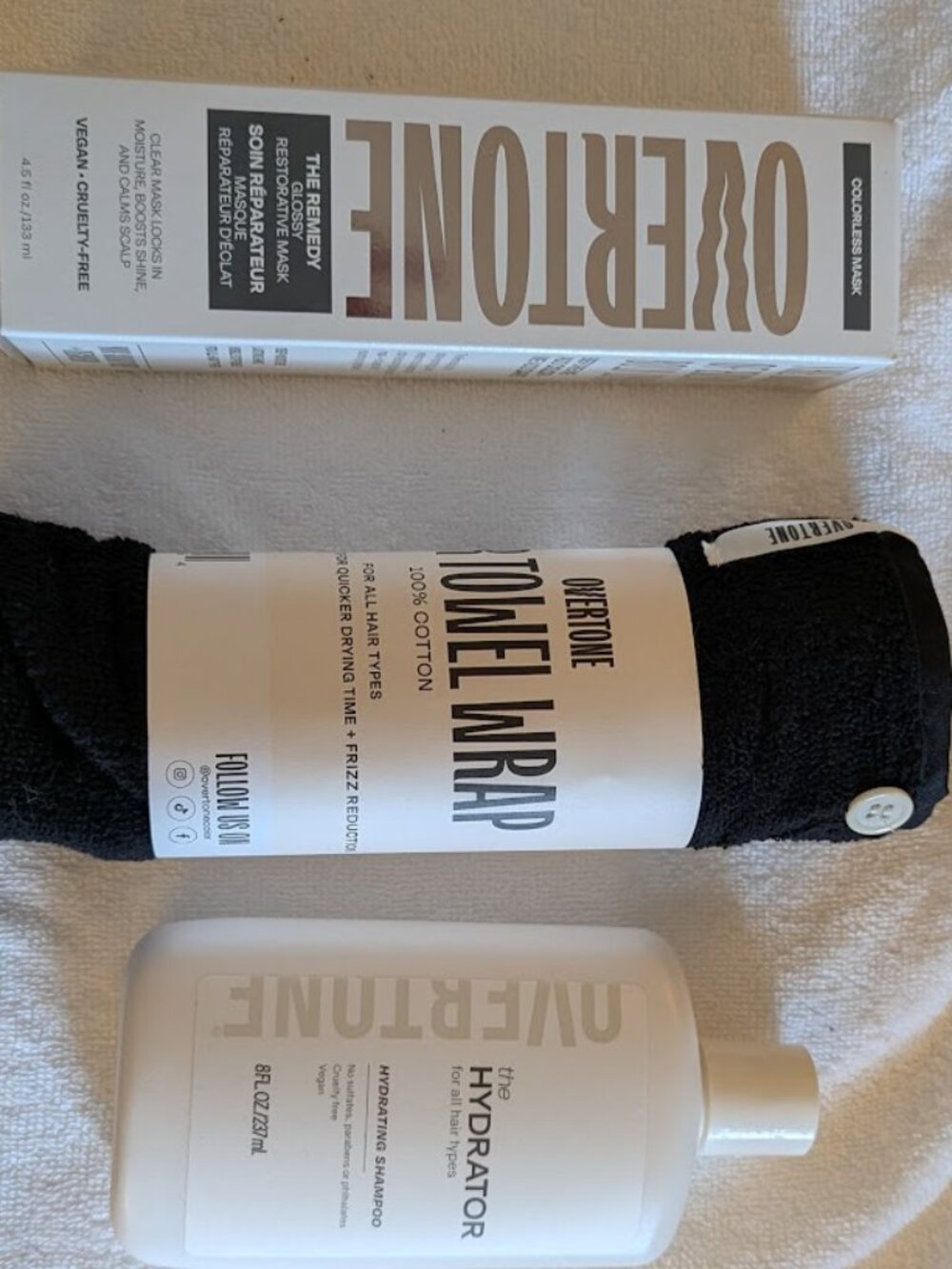 Overtone - Hydrator (shampoo) and Remedy (conditioning mask) with head wrap